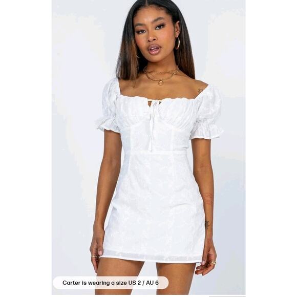 Princess Polly Womens White Rose Mini Dress Sz 6 Milkmaid Peasant Puff Sleeve - Picture 2 of 5
